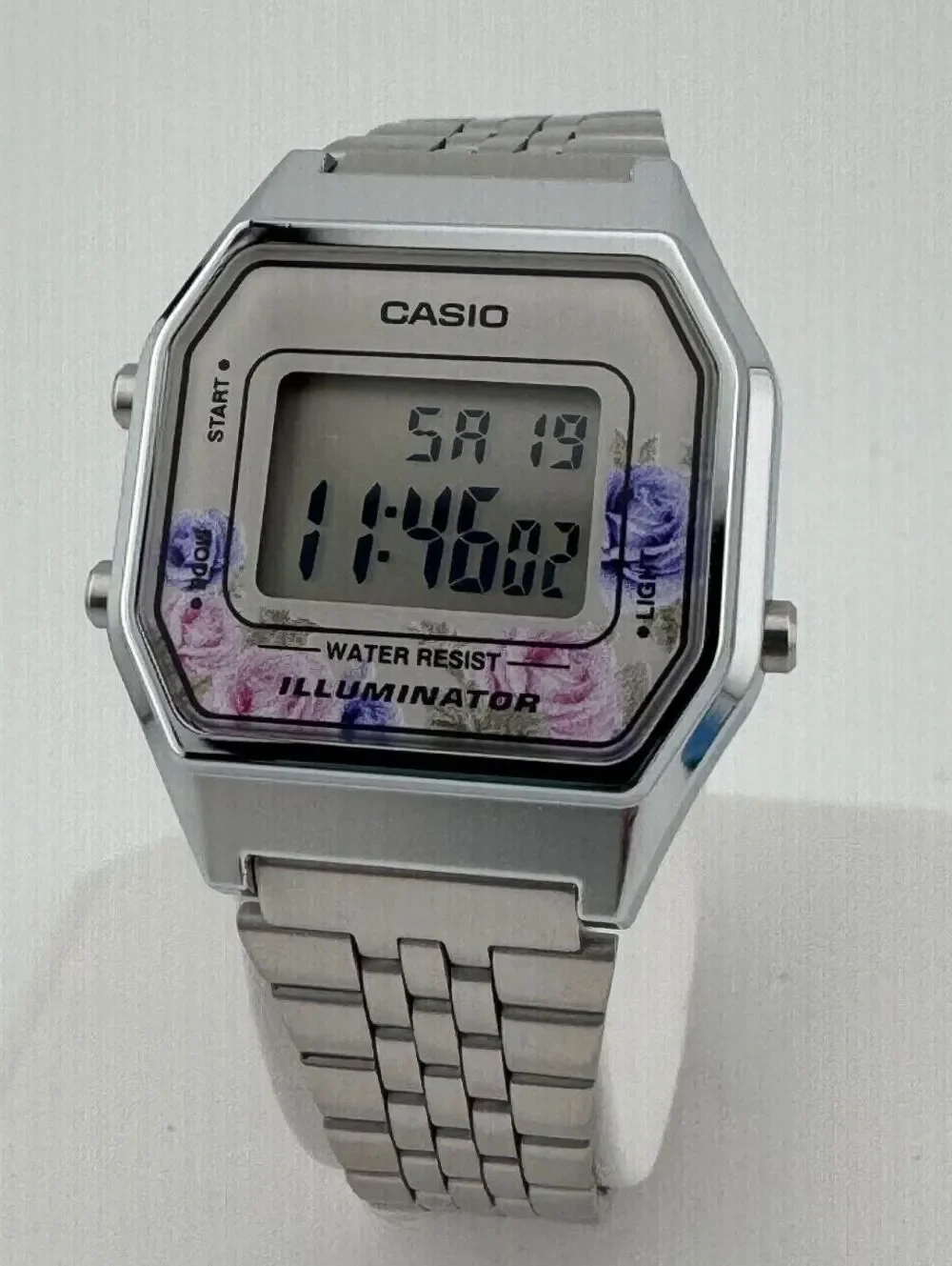 Casio Vintage Floral Digital Watch, Silver Stainless Steel Bracelet, Unisex